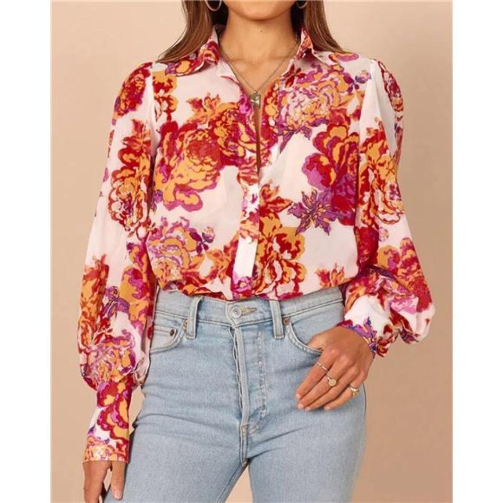 Floral Rose Print Button Up Shirt Casual Long Puff Sleeve Blouse Boho Dressy Top - Picture 1 of 5